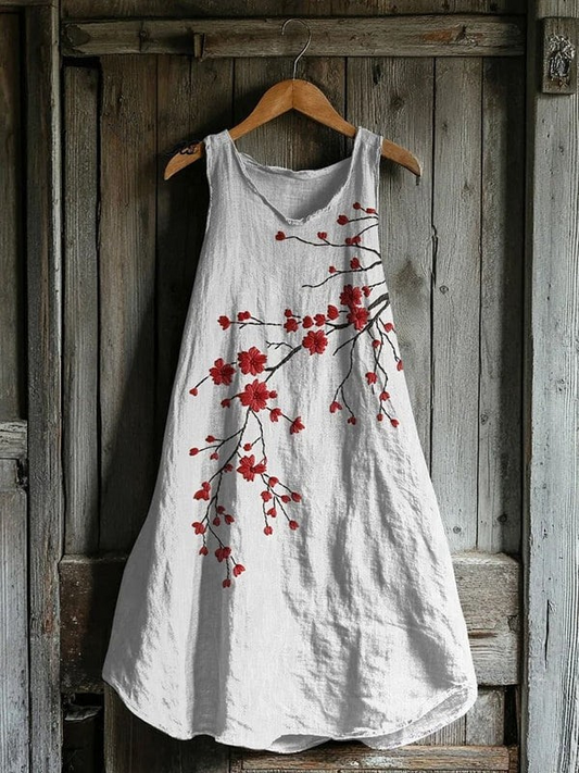 Vintage Red Blossom Linen Tank Dress